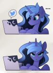  2022 absurd_res blue_body blue_eyes coffee_mug computer cutie_mark equid equine female feral friendship_is_magic hasbro hi_res horn horse laptop looking_at_viewer mammal my_little_pony pony princess_luna_(mlp) simple_background solo twitter unamused unicorn yakovlev-vad 