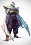  1boy artist_name black_eyes cape colored_skin crossed_arms dragon_ball dragon_ball_z full_body gradient gradient_background green_skin grey_background k-suwabe long_hair looking_at_viewer male_focus namekian piccolo pointy_ears solo standing turban white_cape 