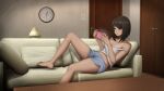  bangs bare_shoulders barefoot bob_cut breasts brown_eyes brown_hair character_request cleavage clock commentary_request copyright_request couch feet from_side holding inverted_bob lips medium_breasts medium_hair midriff mole mole_on_breast navel nintendo_switch nyatokanyaru on_couch parted_lips playing_games reclining short_shorts shorts strap_slip tan tank_top tanlines toes wall_clock white_tank_top 