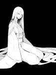  1girl black_background commentary_request greyscale highres japanese_clothes kimono lips long_hair looking_at_viewer monochrome nyatokanyaru obi obiage obijime original parted_lips sash simple_background sitting sleeves_past_fingers sleeves_past_wrists solo very_long_hair wide_sleeves yokozuwari 