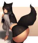  1girl animal_ear_fluff animal_ears ass black_hair black_legwear black_skirt breasts brown_eyes commission fox_ears from_side grey_shirt hand_on_table highres large_breasts long_hair open_mouth original pixiv_request shirt skirt solo sweat thighhighs tongue tongue_out xyv_1 