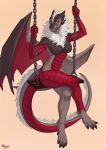  anthro digital_media_(artwork) dragon female hair hi_res long_tail maaia mane neck_fur red_body red_scales scaled_body scales scalie solo swing tail_fur white_hair 