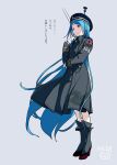  1girl alternate_costume anchor_symbol badge bangs beret black_coat black_headwear blue_eyes blue_hair coat commentary_request gradient_hair grey_background hat highres japan_maritime_self-defense_force japan_self-defense_force kantai_collection kokudou_juunigou long_hair military multicolored_hair rising_sun samidare_(jmsdf) samidare_(kancolle) simple_background solo sunburst swept_bangs translation_request very_long_hair 