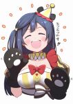  1girl :d ^_^ animal_hands bangs black_hair blush breasts cleavage closed_eyes cropped_torso gloves hat infinity!_our_wings!! long_hair love_live! love_live!_nijigasaki_high_school_idol_club medium_breasts mittens neck_ruff official_alternate_costume one_side_up open_mouth paw_gloves puffy_short_sleeves puffy_sleeves repunit short_sleeves smile solo swept_bangs teeth tilted_headwear upper_teeth yuuki_setsuna_(love_live!) 