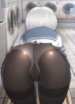  1girl all_fours ass ass_focus black_legwear blue_sailor_collar cameltoe from_behind grey_hair grey_skirt hamakaze_(kancolle) highres indoors kantai_collection laundry_basket merrytail miniskirt panties panties_under_pantyhose pantyhose pleated_skirt sailor_collar school_uniform serafuku shirt short_hair short_sleeves skirt solo thighband_pantyhose tile_floor tiles underwear washing_machine white_panties white_shirt 