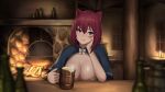  1girl :3 alcohol animal_ears areola_slip bangs beer beer_mug beltbra blue_eyes blurry blurry_foreground blush bottle bra breasts capelet cat_ears character_request commentary_request copyright_request cup fireplace foam hair_between_eyes head_rest large_breasts lips looking_at_viewer medium_hair mug nyatokanyaru red_hair sitting smile solo table underwear white_bra 