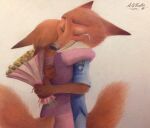  anthro askalin bodily_fluids bouquet canid canine crying disney duo embrace fox hug male mammal nick_wilde red_fox simple_backgroudn smile tears zootopia 