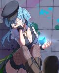  1girl arusuko black_headwear black_vest blue_eyes blue_hair boots breasts brown_footwear cleavage collarbone detached_collar eyebrows_visible_through_hair fishnet_legwear fishnets garter_straps hat head_tilt highres long_hair looking_at_viewer magia_record:_mahou_shoujo_madoka_magica_gaiden mahou_shoujo_madoka_magica medium_breasts minami_rena shiny shiny_hair short_sleeves sitting solo thighhighs twitter_username vest white_sleeves wing_collar 