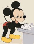  anthro black_body bulge clothing dandi disney gloves half-closed_eyes handwear looking_back male mammal mickey_mouse motion_lines mouse murid murine narrowed_eyes rodent simple_background solo solo_focus tongue tongue_out twerking 