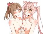  2girls :3 absurdres ahoge animal_ears blush breast_press breasts brown_hair character_request chubb collarbone completely_nude fang hair_ornament hairclip highres holding_hands large_breasts long_hair looking_at_viewer multiple_girls nanami_(virtuareal) nijisanji nipples nude pink_hair ponytail simple_background smile symmetrical_docking twintails upper_body virtual_youtuber virtuareal white_background yellow_eyes 