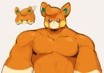  1boy bara blush_stickers brown_eyes closed_mouth furry furry_male looking_at_viewer male_focus muscular muscular_male outline pawmi pectorals personification pokemon pokemon_(game) pokemon_sv reference_inset solo thick_arms upper_body white_outline yogireji 