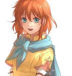  1girl :d akke bangs blue_eyes detached_sleeves fire_emblem fire_emblem:_path_of_radiance hair_between_eyes hair_intakes medium_hair mist_(fire_emblem) orange_hair shiny shiny_hair shirt short_sleeves signature simple_background sketch smile solo white_background white_sleeves yellow_shirt 