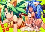  2girls alternate_color animal_ears animal_hands animal_print armlet bare_shoulders big_hair blue_hair blush bone breasts cham_cham claws closed_eyes closed_mouth commentary_request covered_nipples dark-skinned_female dark_skin dated dual_persona eyebrows_visible_through_hair fang gloves green_background green_eyes green_hair hair_bobbles hair_ornament hand_up jewelry long_hair looking_at_viewer medium_breasts multiple_girls necklace open_mouth orange_gloves paw_gloves paw_shoes print_gloves samurai_spirits shiny shiny_hair shiny_skin simple_background sleeveless smile squatting sweat tail tiger_ears tiger_girl tiger_print tiger_tail white_footwear white_gloves yu_3 