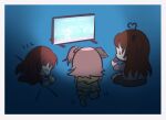  3girls ahoge assault_lily bangs barefoot black_scrunchie black_shorts blanket blue_background blue_pajamas blue_shorts border brown_hair chibi closed_eyes commentary_request controller dark facing_away game_console game_controller gradient gradient_background grey_border grey_shirt hair_ornament hair_scrunchie hands_up heart heart_ahoge highres hitotsuyanagi_riri holding holding_controller holding_game_controller hood hood_down hooded_pajamas kabayaki_(kabayaki_eel) kaede_johan_nouvel leg_up light long_hair long_sleeves looking_at_object lying monitor motion_lines multicolored_clothes multicolored_pajamas multicolored_shorts multiple_girls no_mouth on_stomach one_side_up own_hands_together pajamas parted_lips pink_hair pink_pajamas pink_shorts playing_games profile scrunchie shirt short_hair shorts sitting sleeping solid_oval_eyes striped striped_pajamas striped_shorts takasuga_tsukushi under_covers video_game yellow_pajamas yellow_shorts zzz 