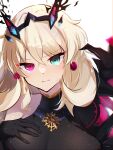  1girl bangs bare_shoulders blonde_hair blush breasts earrings fairy_knight_gawain_(fate) fate/grand_order fate_(series) heterochromia highres horns jewelry large_breasts long_hair looking_at_viewer tatsunomiya 