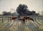  1919 20th_century absurd_res ambiguous_gender ancient_art bovid bovine cattle clothed clothing cowboy elioth_gruner farm farmer feral formal_art fully_clothed grass group hi_res human male mammal oil_painting_(artwork) outside painting_(artwork) plant traditional_media_(artwork) tree 