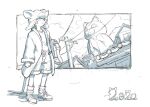  1boy 2020 animal_ears bag bolero_(bo_le_ro66) chinese_zodiac closed_mouth cloud coat fake_animal_ears greyscale hat holding holding_bag male_focus monochrome mountain open_clothes open_coat original shoes shorts sketch sneakers solo standing tail utility_pole year_of_the_rat 