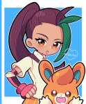  1girl :o absurdres artist_name blue_background brown_hair collared_shirt dark_skin english_commentary fingerless_gloves freckles gloves green_hair highres marikyuunn multicolored_hair nemona_(pokemon) open_mouth orange_eyes pawmi pokemon pokemon_(creature) pokemon_(game) pokemon_sv shirt short_sleeves signature solo streaked_hair two-tone_background white_background white_sleeves 