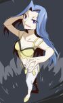  1girl armpits ars belly black_background blouse blue_eyes blue_hair breasts cleavage collarbone commentary_request eyebrows_visible_through_hair eyes_visible_through_hair grin highres karen_(pokemon) long_hair looking_at_viewer midriff navel pants pokemon pokemon_(game) pokemon_hgss shirt shoes simple_background smile solo strap 