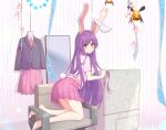  1girl absurdres animal_ears bare_legs barefoot bell black_jacket blazer buttons chain closed_mouth collared_shirt commentary_request crescent crescent_pin diving_penguin highres jacket light_purple_hair long_hair long_sleeves midriff_peek miniskirt mirror moon_rabbit necktie pink_skirt pleated_skirt purple_eyes rabbit_ears rabbit_girl rabbit_print rabbit_tail red_necktie reisen_udongein_inaba shirt short_sleeves skirt smile tail touhou very_long_hair white_shirt 