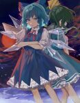  2girls absurdres aqua_dress back-to-back bangs blue_bow blue_dress blue_eyes blue_hair bow cirno cloud commentary_request crossed_arms daiyousei dress fairy_wings feet_out_of_frame from_behind green_hair hair_bow hair_ribbon highres ice ice_wings lake looking_at_viewer moon multiple_girls neck_ribbon one_side_up petticoat puffy_short_sleeves puffy_sleeves red_moon red_ribbon ribbon serious shirt short_hair short_sleeves touhou white_shirt wings yanfei_u yellow_ribbon 