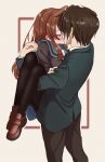  1boy 1girl 621_joker_123 asahina_mikuru black_legwear blue_sailor_collar blush brown_footwear brown_hair brown_pants carrying closed_eyes couple grey_jacket hetero highres implied_kiss jacket kita_high_school_uniform koizumi_itsuki loafers long_hair long_sleeves panties pants pantyhose pantyshot princess_carry sailor_collar school_uniform shiny shiny_hair shoes short_hair suzumiya_haruhi_no_yuuutsu thighband_pantyhose underwear 