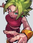  1girl bare_shoulders breasts crop_top dragon_ball dragon_ball_super earrings green_eyes green_hair grey_background jewelry kefla_(dragon_ball) kemachiku looking_at_viewer open_mouth potara_earrings reaching_out simple_background solo spiked_hair super_saiyan 