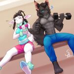  1:1 anthro bottomwear bovid caprine clothing domestic_cat dumbbell duo exercise exercise_clothing felid feline felis gym gym_clothing hybrid lynx maine_coon male mammal muscular muscular_male pants sheep shirt shorts siamkhan tank_top topwear weights 
