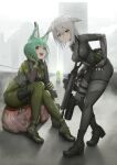  1other 2girls animal_ears assault_rifle belt black_bodysuit black_footwear bob_cut bodysuit boots breasts commentary_request covered_nipples dot_mouth eliminator_kaede-san explosive full_body green_bodysuit green_eyes green_footwear green_hair grenade grenade_launcher grey_vest gun hair_between_eyes hand_on_hip happy highres holding holding_gun holding_weapon inverted_bob kuratsuki_kaede large_breasts leaning_forward looking_at_viewer medium_hair multiple_girls nyatokanyaru open_mouth red_eyes rifle short_hair sitting sitting_on_head sitting_on_person skindentation tactical_clothes thigh_belt thigh_strap vest weapon white_hair 