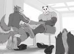  absurd_res anthro beastars butt canid canid_kaiba canine canis duo foot_fetish foot_play footjob genitals giant_panda gouhin greyscale hi_res humanoid_genitalia humanoid_penis legoshi_(beastars) male male/male mammal monochrome penis sex sitting tail_motion tailwag ursid vein veiny_penis wolf 