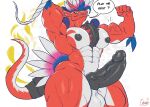  abs anthro areola balls biceps big_balls big_penis black_nipples bodily_fluids english_text erection feathers flexing genital_fluids genitals hand_behind_head hi_res huge_penis knot koraidon legendary_pok&eacute;mon looking_at_viewer male masterelrest multicolored_body multicolored_feathers muscular muscular_anthro muscular_male muscular_thighs nintendo nipples nude pecs penis pok&eacute;mon pok&eacute;mon_(species) precum question_mark solo speech_bubble sweat text tongue tongue_out two_tone_body video_games yellow_eyes 