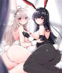  2girls :3 absurdres ahoge animal_ears ass backless_leotard bare_shoulders black_gloves black_hair black_headband black_leotard blurry blurry_background blurry_foreground breast_press breasts closed_mouth commission curtains detached_collar elbow_gloves eyebrows_visible_through_hair fake_animal_ears feet_out_of_frame full_body gloves hair_between_eyes hair_ornament hair_over_shoulder hand_on_another&#039;s_arm headband highleg highleg_leotard highres large_breasts leotard looking_at_viewer mindoll multiple_girls no_bra original pantyhose platinum_blonde_hair playboy_bunny red_eyes sideboob strapless strapless_leotard thighs white_headband white_leotard wrist_cuffs 