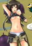  artist_request blush breasts brown_hair eating final_fantasy final_fantasy_vii final_fantasy_vii_advent_children food headband jpeg_artifacts lying medium_breasts nipples open_fly panties pillow shirt_lift short_hair shorts solo underwear unzipped white_panties yellow_eyes yuffie_kisaragi 