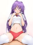  1girl blush breasts buruma buruma_aside clannad closed_eyes cowgirl_position fujibayashi_kyou girl_on_top gym_uniform hetero ishikei long_hair medium_breasts midriff navel nipples pov purple_hair pussy_juice sex solo_focus straddling tears thighhighs uncensored vaginal 