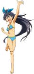  &gt;:d 1girl :d antenna_hair aqua_bikini aqua_eyes aqua_ribbon aqua_swimsuit arm_up armpit artist_request bare_legs bare_shoulders barefoot bikini black_hair breasts cleavage clenched_hand earrings fang feet female floating_hair full_body ganaha_hibiki hair_between_eyes hair_ribbon hand_up happy head_tilt highres hoop_earrings idolmaster idolmaster_(classic) jewelry legs long_hair looking_at_viewer medium_breasts midriff navel neck open_mouth ponytail ribbon simple_background smile solo standing standing_on_one_leg striped striped_bikini striped_swimsuit swimsuit toenails toes waving white_background 