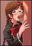  1girl braid brown_hair censored clala e20 fellatio glasses hand_on_another's_head hetero long_hair oral penis quiz_magic_academy school_uniform solo_focus 