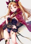  1girl bangs black_legwear black_leotard blonde_hair blush breasts cape chiyosuke_(nosuke21) detached_collar earrings ereshkigal_(fate/grand_order) fate/grand_order fate_(series) fur-trimmed_cape fur_trim hand_on_hip hand_on_own_chest highres hoop_earrings jewelry leotard long_hair looking_at_viewer medium_breasts open_mouth parted_bangs red_cape red_eyes red_ribbon ribbon simple_background single_sleeve single_thighhigh skull solo spine thighhighs thighs tiara tohsaka_rin two_side_up 