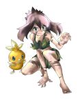  barefoot blue_eyes brown_hair child fingernails flat_chest gen_3_pokemon leaf_bikini leaf_skirt legs navel no_panties odamaki_sapphire pokemon sharp_fingernails sharp_toenails skirt toenails toes torchic 