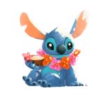  2019 alien black_eyes blue_claws blue_fur blue_nose claws coconut_drink crayonbot digital_media_(artwork) disney experiment_(species) flower fur head_tuft hi_res holding_object lei lilo_and_stitch looking_at_viewer notched_ear plant simple_background smile solo stitch tuft white_background 
