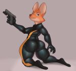  absurd_res anthro big_breasts breasts butt canid canine clothing diane_foxington dreamworks female fox gun hi_res mammal percings pinup pinupgirl pose ranged_weapon rubber rubber_clothing rubber_suit solo srcook suit the_bad_guys thick_thighs weapon 