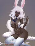  1girl animal_ears avatar_(ff14) bangs blue_eyes blush boots breasts cup dark-skinned_female dark_skin detached_collar drinking_glass facial_tattoo feather_boa final_fantasy final_fantasy_xiv grey_background high_heel_boots high_heels highres large_breasts leotard long_hair looking_at_viewer meme_attire meowrim0 necktie playboy_bunny rabbit_ears see-through sitting solo strapless strapless_leotard tattoo thigh_boots translucent_bunnysuit viera white_hair wine_glass 