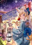  4girls :d absurdres aerial_fireworks amiya_(arknights) animal_ear_fluff animal_ears arknights ass bangs blonde_hair blue_bow blue_eyes blue_kimono bow braid breasts candy_apple cat_ears eyebrows_visible_through_hair fireworks flower food from_behind green_eyes green_kimono grey_hair hair_between_eyes hair_bow hair_flower hair_ornament hand_fan heterochromia highres holding holding_food holding_lantern japanese_clothes kal&#039;tsit_(arknights) kimono lantern long_hair long_sleeves looking_at_viewer looking_back market_stall medium_breasts multiple_girls night night_sky nightmare_(arknights) obi outdoors pink_kimono ponytail profile purple_flower purple_kimono purple_rose rabbit_ears red_eyes rose rosmontis_(arknights) sash short_sleeves single_braid sky smile star_(sky) starry_sky striped striped_bow summer_festival tasuki unmei_no_watashijin very_long_hair wide_sleeves 