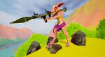  3d_(artwork) absurd_res anthro claws clothed clothing digital_media_(artwork) gavit gun harem_outfit hi_res holding_object holding_weapon horn humanoid jewelry kobold kobold_dellarte low_poly male open_mouth ranged_weapon reptile rocket_launcher scalie solo weapon 
