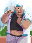  2022 3:4 anthro belly big_belly blush bodily_fluids bottomwear clothed clothing dis_oshiruko gouryou hi_res hoodie humanoid_hands kemono lifewonders male mammal open_clothing open_hoodie open_topwear overweight overweight_male shirt shorts solo suid suina sus_(pig) sweat tokyo_afterschool_summoners topwear video_games wild_boar 