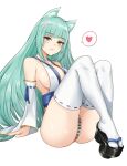  1girl animal_ears aqua_hair ass bangs bare_shoulders blue_ribbon blunt_bangs blush breasts cat_ears clothing_request commentary_request covered_nipples detached_sleeves eyebrows_visible_through_hair full_body green_eyes halterneck heart highres hime_cut large_breasts long_hair looking_at_viewer nyatokanyaru obi original reclining ribbon ribbon-trimmed_legwear ribbon-trimmed_sleeves ribbon_trim sash sideboob sidelocks simple_background sitting solo spoken_heart tabi thighhighs thong very_long_hair white_background white_legwear wide_sleeves 