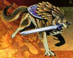 2012 amada blue_eyes canid canine canis claws feral fur hylian_shield link_(wolf_form) male mammal master_sword melee_weapon nintendo shield signature solo sword sword_in_mouth the_legend_of_zelda triforce video_games weapon wolf 