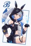  1girl absurdres animal_ears animal_hood bangs bare_shoulders black_gloves black_jacket bronya_zaychik bronya_zaychik_(haxxor_bunny) closed_mouth commentary_request drill_hair eyebrows_visible_through_hair fake_animal_ears feet_out_of_frame gloves grey_eyes grey_hair hair_between_eyes highres honkai_(series) honkai_impact_3rd hood jacket long_hair long_sleeves looking_at_viewer midriff origami-hui rabbit_ears shorts smile solo twin_drills 