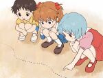  1boy 2girls ant ayanami_rei blue_hair blush_stickers brown_hair bug highres ikari_shinji kneeling kura_rart long_hair multiple_girls neon_genesis_evangelion orange_hair pointing shoes short_hair socks souryuu_asuka_langley younger 