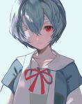  1girl ayanami_rei bandaged_head bandages bangs blue_background blue_hair blue_shirt collarbone commentary crossed_bangs expressionless eyepatch hair_between_eyes looking_at_viewer medical_eyepatch neck_ribbon neon_genesis_evangelion one_eye_covered red_eyes ribbon shirt short_hair simple_background solo uid_00 upper_body 