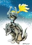  2018 armor blonde_hair blue_eyes canid canine canis duo female feral fur hair headgear helmet humanoid humanoid_pointy_ears imp link_(wolf_form) looking_at_viewer male mammal markings midna nintendo paws ponytail red_eyes riding_on_back signature smile the_legend_of_zelda tsuyuga twili twilight_princess video_games wolf 
